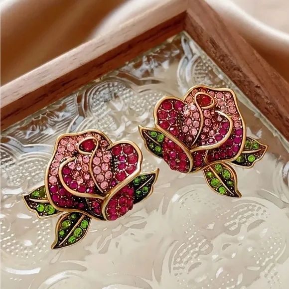 Colorful Rhinestone Rose Stud Earrings - Picture 2 of 3
